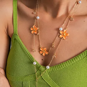 Sweet Dopamine Layered Flower Necklace Set For Women Gold Plated Alloy Enamel Floral Artificial Pearl Rhinestone Vacation Jewelry