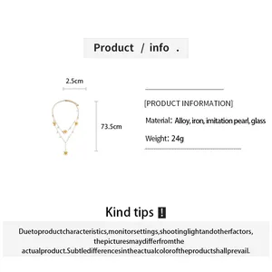 Product dimensions and materials for a two-piece floral pearl necklace set.