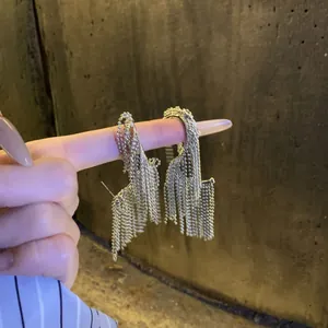 Elegant silver-toned long tassel chain earrings with a geometric twisted design.