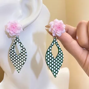 Vintage Resin Flower Drop Earrings With Silver Earring Post Pink Rose Green Rhombic Polka Dot Pendant Fashion Jewelry For Women