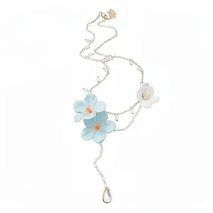 Elegant sweet vacation style pearl beaded necklace with light blue fabric flowers
