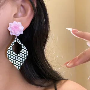 Elegant pink resin rose flower and green polka dot diamond drop earrings for women