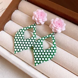 Handmade chic pink resin flower earrings with green polka dot rhombus pendants