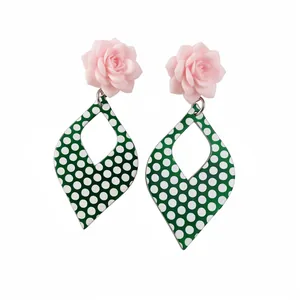 Fashionable pink rose flower resin earrings with green and white polka dot diamond pendants