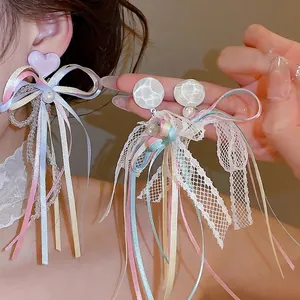 French Sweet Resin Heart Artificial Pearl Ribbon Bow Drop Stud Earrings For Women Summer Niche Design Tassel Ear Jewelry