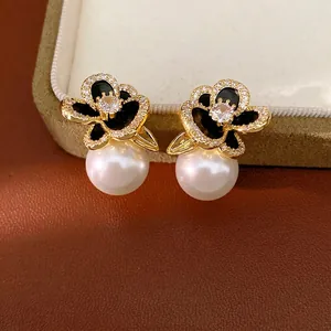 Fourteen Karat Gold Plated Black Flower Pearl Stud Earrings With Zirconia Inlaid Copper Silver Earring Post For Women