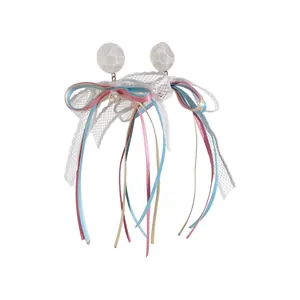 Elegant French sweet ribbon bow earrings with colorful tassels and white mesh spheres.