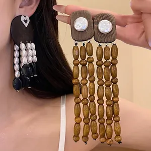 Vintage Wood Artificial Pearl Tassel Earrings With Silver Earring Post Elegant Geometric Drop Ear Studs For Women Jewelry
