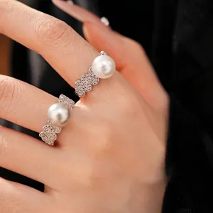Light Luxury Copper Geometric Round Open Ring With Zirconia Artificial Pearl Inlaid Elegant Simple Personalized Finger Ring For Women Jewelry