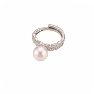 Elegant zircon geometric adjustable open ring with light pink pearl on white background