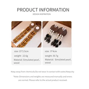 Detailed view of vintage wood and simulated pearl tassel earrings with size and weight info