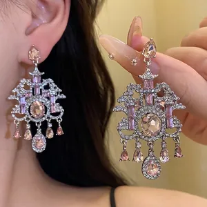 Orecchini Pendenti a Goccia d'Acqua con Strass Rosa Ovali in Stile Palazzo Retrò con Perno in Argento Gioielli Eleganti in Lega per Donna Festa