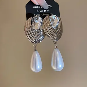 French style teardrop pearl drop earrings with sparkling rhinestones in silver finish