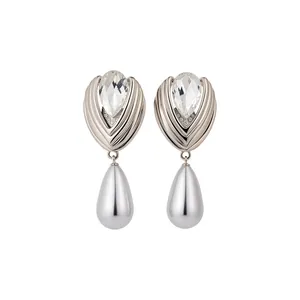 Elegant silver pear-shaped drop earrings with faceted crystals and pearls