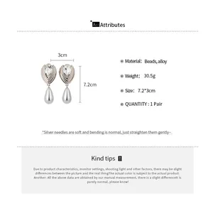 Detail view of French rhinestone water drop pearl earrings with dimensions and specs
