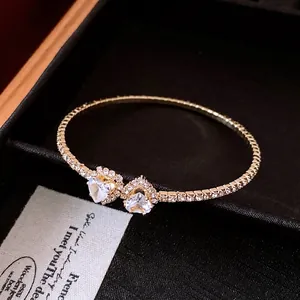 Elegant gold open heart cuff bracelet with sparkling pavé rhinestones for women jewelry
