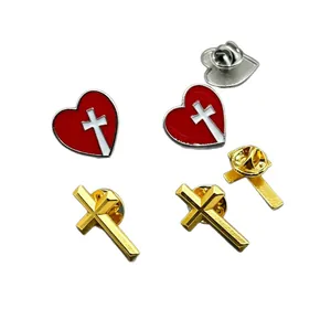 Set aus Retro-Anstecknadeln aus Legierung, Herz und Kreuz, rot und goldfarben
