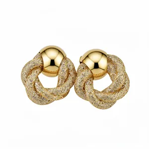Elegant retro gold mesh twisted flower stud earrings with pavé zircons for women