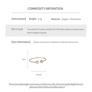 Detailed product specifications for heart-shaped copper open bangle with rhinestone accents