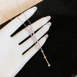 Elegant French style zircon pearl necklace with long tassel pendant for women jewelry