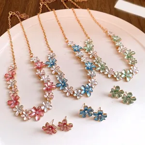 Sweet Painted Zirconia Flower Necklace and Stud Earrings Set Fresh Floral Choker For Women Vacation Party Fine Jewelry Gift