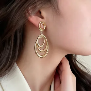 Gold Plated Multi Layer Round Hollow Drop Earrings Women Light Luxury Geometric Nested Circle Stud Earrings Jewelry