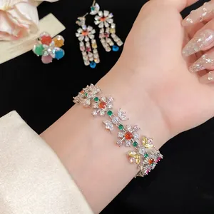 Elegant colorful zircon flower bracelet and earrings set for women's luxury style