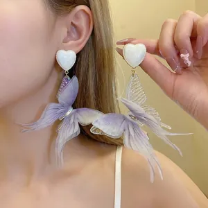 Romantic Fabric Butterfly Pendant Earrings With Enamel Heart Design And 925 Sterling Silver Earring Post For Women Jewelry