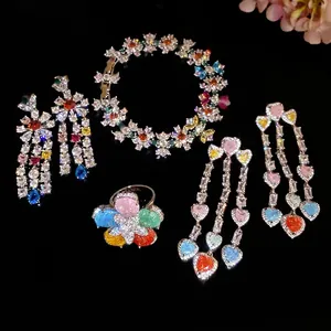 Luxury colorful zircon flower and heart tassel jewelry set with silver needle earrings