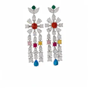 Silver needle zircon flower tassel drop earrings with colorful crystals for women