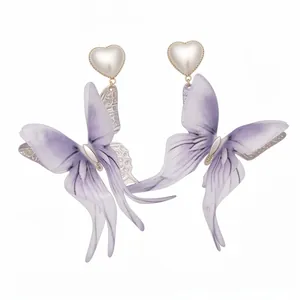 Elegant purple fabric butterfly dangle earrings with heart pearls and S925 silver needle.
