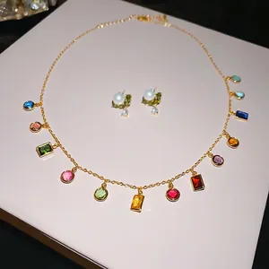 14K Vergulde Sieradenset Voor Dames Met Zirconia Kunstparel Waterdruppel Oorknopjes En Veelkleurige Hanger Halsketting