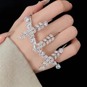 Luxury silver-toned wheat ear multi-finger ring encrusted with sparkling clear zircons