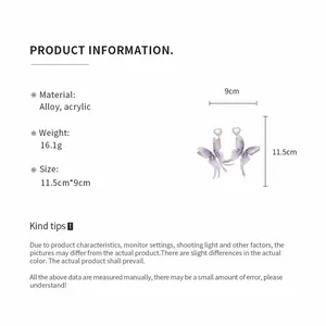 Product specification detail for purple fabric butterfly earrings with heart pendant