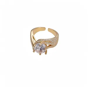 Elegant twisted gold-plated adjustable open ring with a large round zircon stone inlay