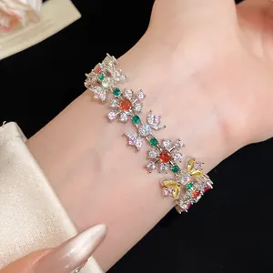 Detailed view of a stunning silver floral bracelet with colorful cubic zirconia stones