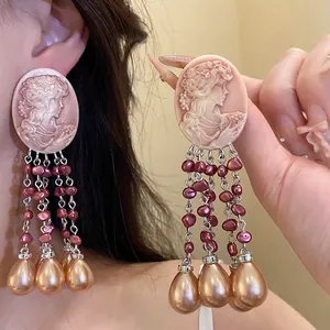 Vintage Oval Cameo Portrait Drop Earrings With Artificial Pearl Tassels Silver Earring Post Elegant Rhinestone Jewelry For Women