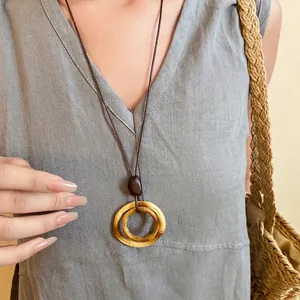 Bohemian retro resin and wood double ring pendant long necklace for summer outfits