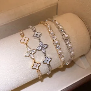 18K Gold Plated Zirconia Flower Clover Bracelet Elegant Fashion Hand Chain Jewelry For Women