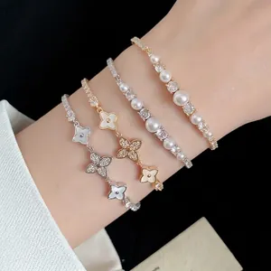 Elegant 18k gold plated zircon flower clover and pearl bracelet jewelry set for women
