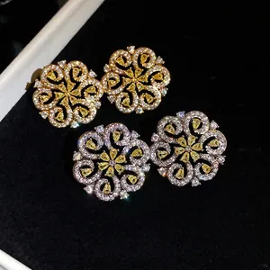 French style luxury hollow flower stud earrings with yellow crystals and full rhinestones