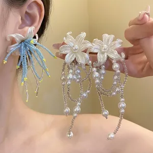 Handmade Flower Tassel Earrings Glass Artificial Pearl Silver Earring Post Vintage Vacation Jewelry For Women