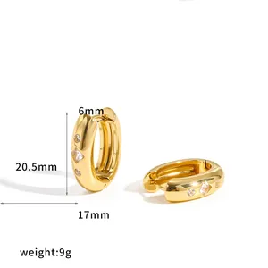 Close-up of gold U-shaped stainless steel zircon hoop earrings with dimension markings