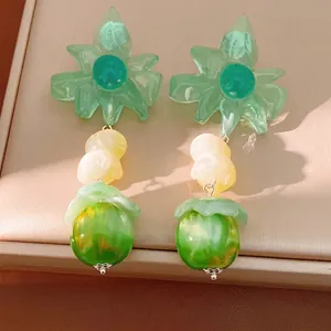 Orecchini a Pendente Pony Fiore in Resina Geometrica di Moda Donna Eleganti Orecchini a Bottone in Resina Dichiarazione Verde Gioielli Con Perno in Argento