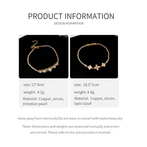 Detailed product specifications for elegant 18k gold plated zircon flower bracelets with pearls.