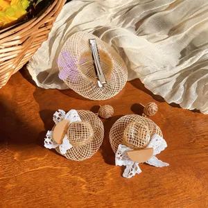 Handmade woven straw hat earrings and hair clip set with lace and floral details
