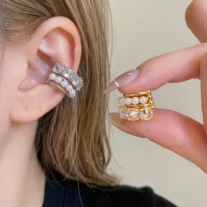French Elegant Multi-layer Zirconia Artificial Pearl Ear Clips No Piercing C-Shape Ear Bone Clips For Women Jewelry