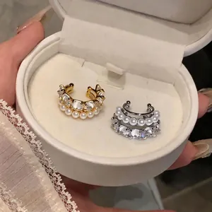 Elegant zircon and multi-layer pearl ear cuffs in gold and silver finish, French style jewelry