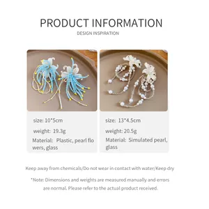 Detailed view of floral tassel earrings with size, weight, and material specifications
