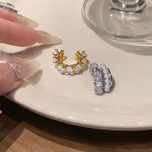 Elegant French style multi-layer zircon and pearl ear clips in gold and silver finish